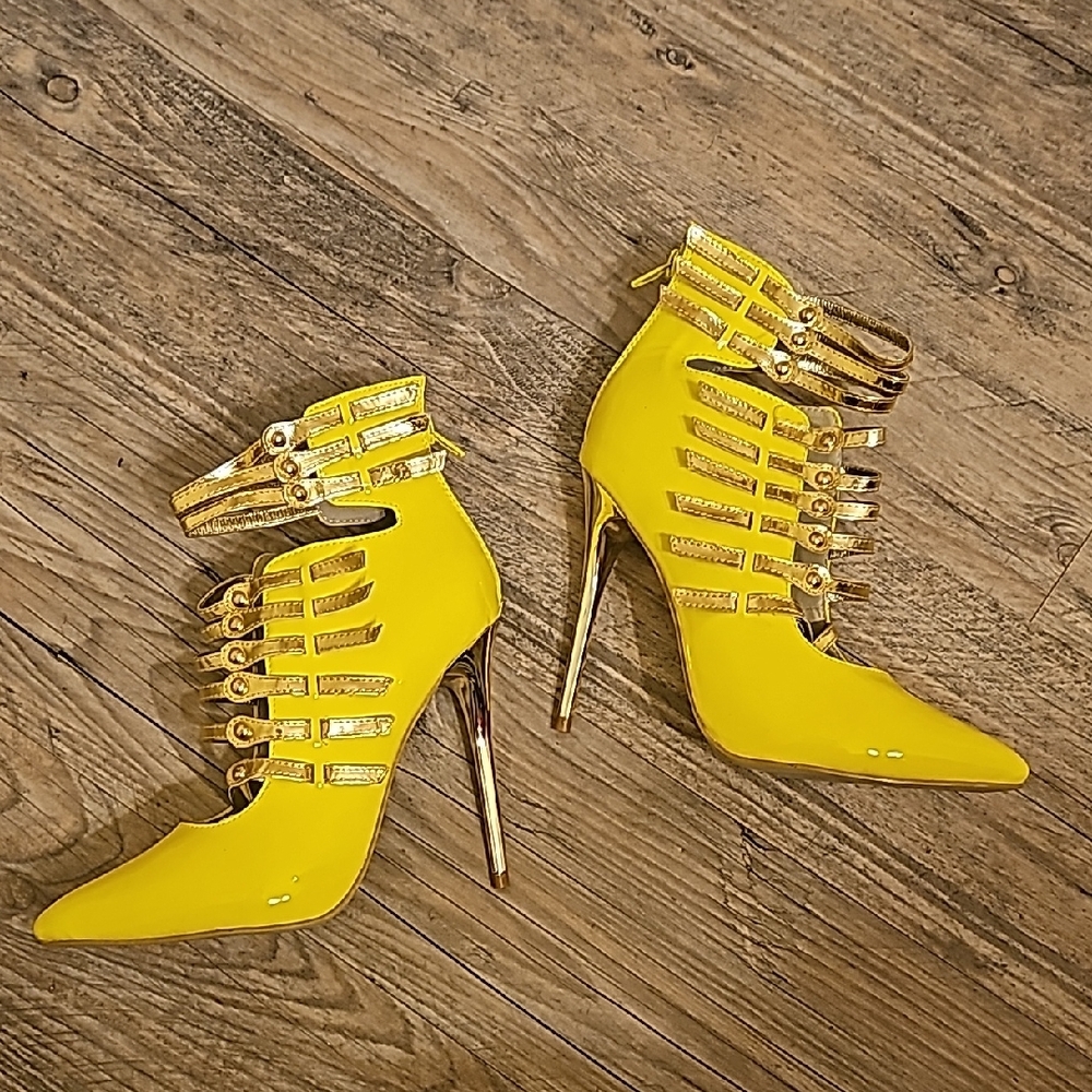 Yellow and Gold High Stiletto Heels with Decorative Straps